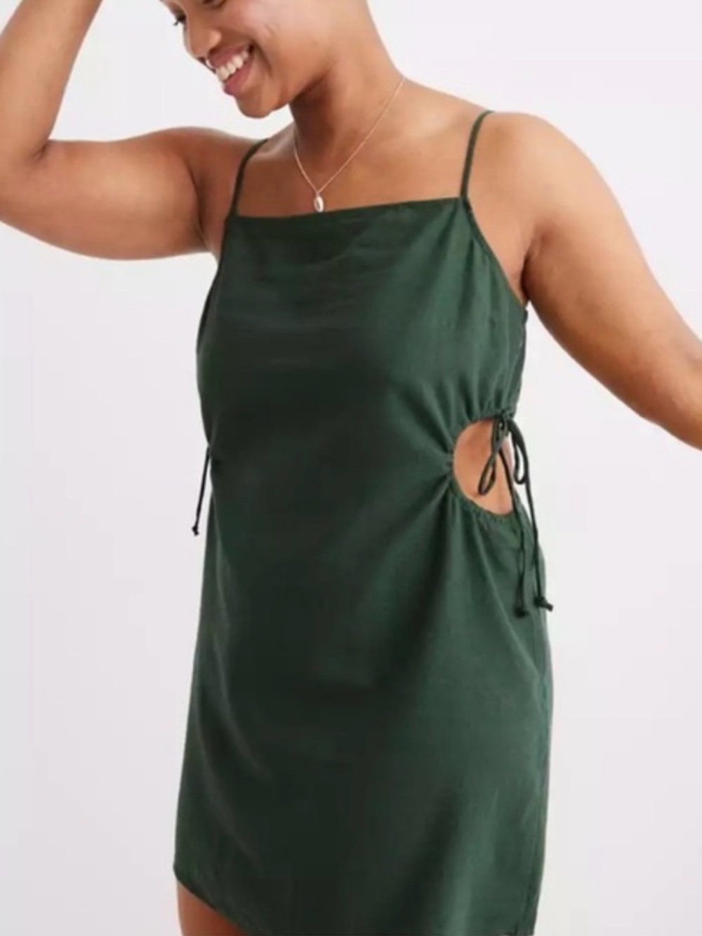 Aerie Linen Side cut out green mini dress size small forest fairy core